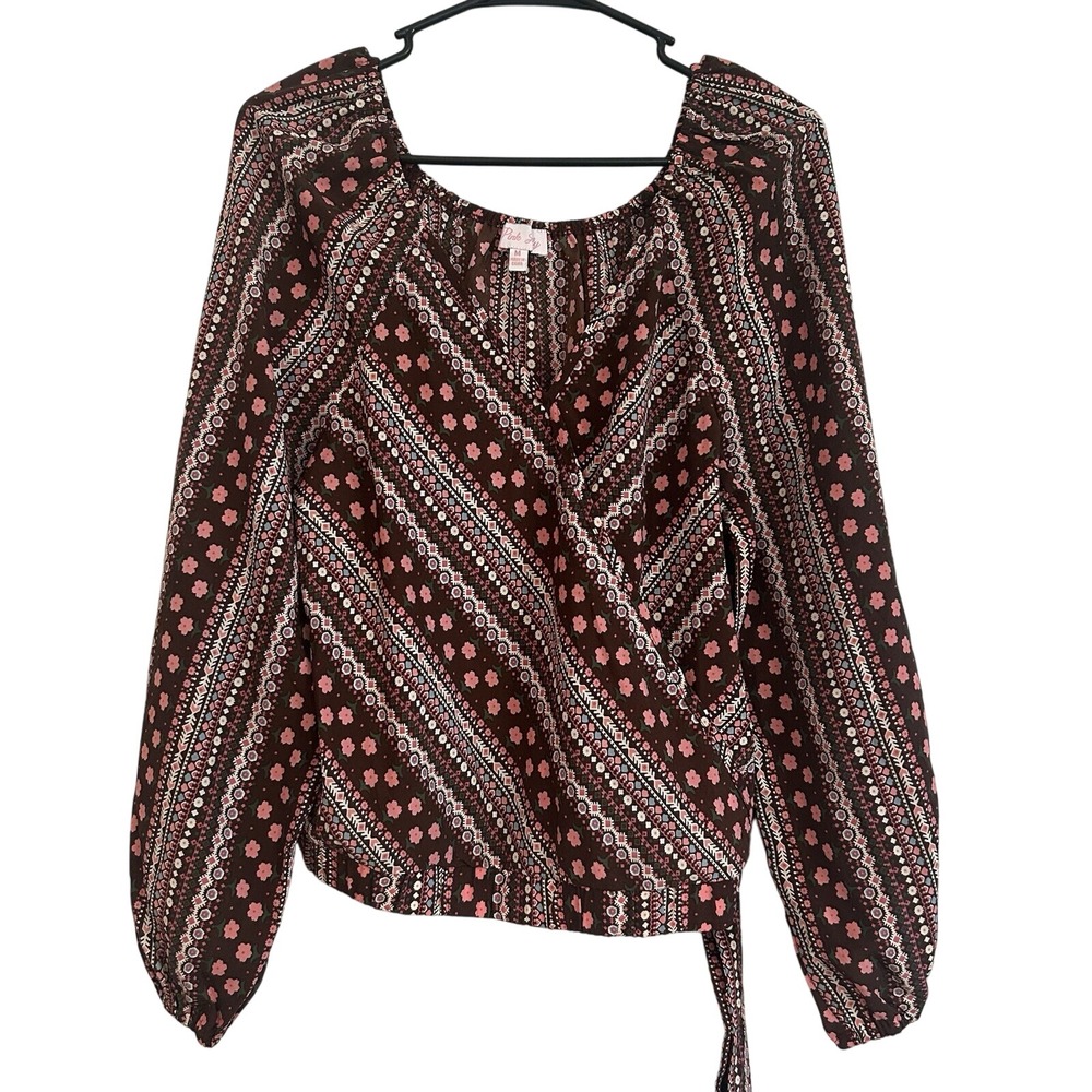 Pink Lily Blouse Sz M Boho Flowy Floral Faux Wrap Brown Peasant Hippie Festival